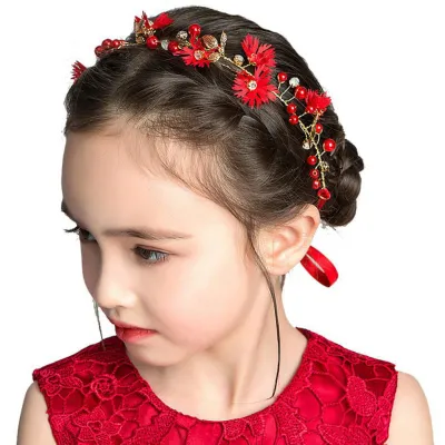 Beautiful Red Pearl Bokul Flower Headband with Ribbon